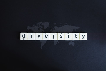 Diversity banner and concept. Block letters and world map on black background.