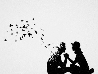 Lovers and flying birds. Death, afterlife. Abstract people silhouette
