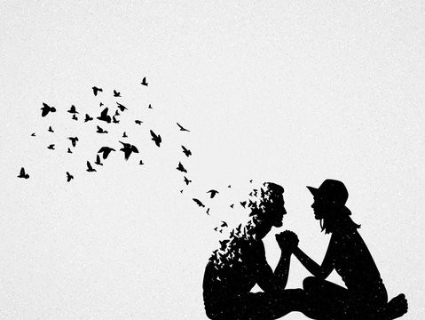 Lovers and flying birds. Death, afterlife. Abstract people silhouette