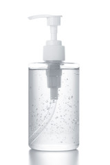Hand alcohol gel pump bottle on white background, Hand alcohol sanitizer gel rub clean hands hygiene prevention of coronavirus virus outbreak. .