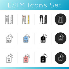 Body measuring and size tags icons set. Linear, black and RGB color styles. Inside leg length determination for bespoke pants. Medium and XXS size labels isolated vector illustrations