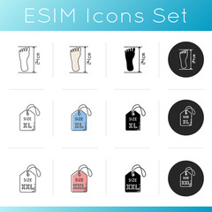 Foot measuring and size tags icons set. Linear, black and RGB color styles. Foot length specification for bespoke shoes. Extra large and XXL size labels isolated vector illustrations