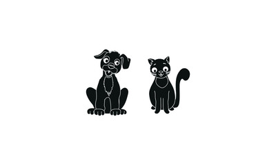 Vector illustration of silhouettes of cat and dog in black color on a white background.