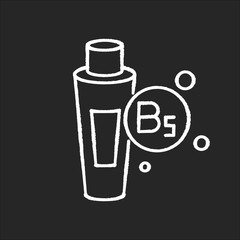 B5 panthenol in tube chalk white icon on black background. Medical ointment. Remedy in package. Moisturizing cosmetic product for hair treatment. Isolated vector chalkboard illustration