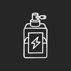 Antistatic hair sprayer chalk white icon on black background. Liquid product in container for winter haircare. Chemical cosmetic formula for hair treatment. Isolated vector chalkboard illustration