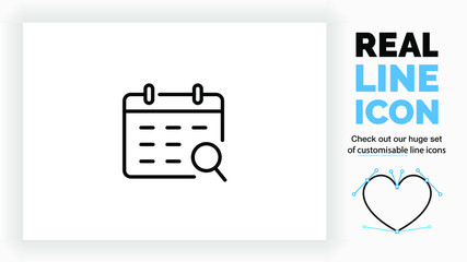 Editable line icon of an agenda with a looking glass symbol