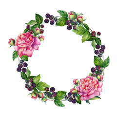 Watercolor illustration  wreath with blackberries and pink peony  on an isolated white background. Hand-painted ornament.