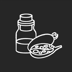 Baobab oil chalk white icon on black background. Exotic african fruit essence for haircare. Liquid remedy. Natural cosmetic product for hair treatment. Isolated vector chalkboard illustration