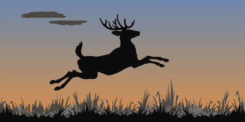 Fototapeta na wymiar isolated image of a leaping deer, black silhouette , against the evening sky