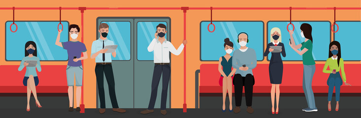 People in medical masks in subway flat character vector illustration. Passengers men and women sitting and standing in metro, look at different electronic devices, phones, tablets