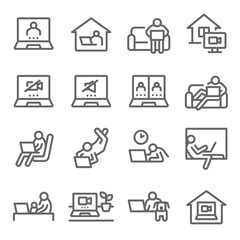 Work from home icon set vector illustration. Contains such icon as conference call, video call, online meeting, working space, freelance in comfortable conditions and more. Expanded Stroke