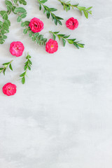 Flowers composition. Frame made of rose flowers on pink background