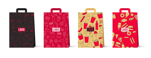 Vector paper bag mockup set with fast food and drinks line icon pattern illustration in different color