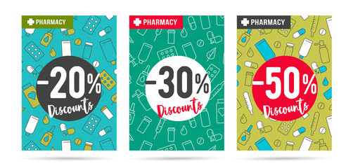 Promotion posters for drugstore or pharmacy with discount interest and medical icons pattern on the backdrop, three color options