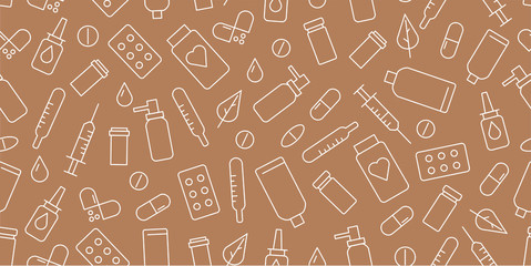 Linear seamless pattern of medical drug items like pills and bottles icons, cover for pharmacy or hospotal wallpaper or package wrapping in brown color