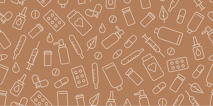 Linear Seamless Pattern Of Medical Drug Items Like Pills And Bottles Icons, Cover For Pharmacy Or Hospotal Wallpaper Or Package Wrapping In Brown Color