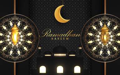 Ramadan Kareem islamic wishes celebration background. Invitations template design with luxury and elegant style. Vector illustration graphic layout can use for greeting card, poster, flyer, banner 