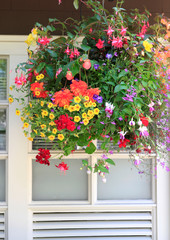 Fototapeta na wymiar Blooming flowers amazing complex baskets hanging pots near small luxury lodge exterior. 