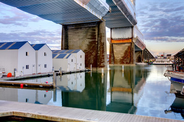 Amazing city view Water homes under bridge downtown in Tacoma, WA