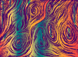 Psychedelic abstract waves decorative texture.  Hippie trippy pattern, maze of ornamental wavy, bright gradient rainbow color illustration.