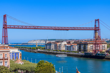 Biscay Bridge on the River Nervion.The beautiful city of Bilbao. Basque country. Northern spain