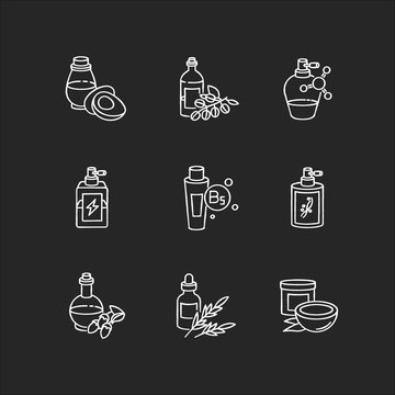 Hair oils chalk white icons set on black background. Hydrolyzed wheat protein. B7 biotin treatment. Herbal product for haircare. Shampoo, conditioner. Isolated vector chalkboard illustrations