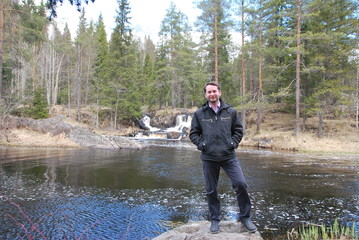 Man in Mountain park Ruskeala is tourist complex located in Sortavala region of Republic of Karelia...