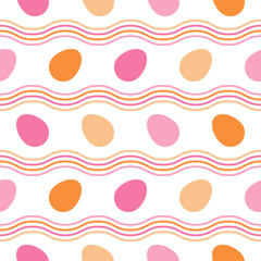 Seamless pattern with pink shades of easter eggs and waves. Flat vector illustration on white background. Great for celebrating Easter designs, holiday backgrounds, greeting cards, prints, packaging.