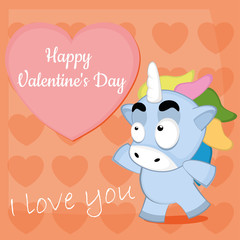 Vector illustration of a cartoon unicorn with a valentine background