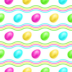 Seamless Pattern with colorful 3D Easter eggs and wavy lines. Vector illustration on white background. Great for celebration Easter designs, festive background, greeting cards, prints, packing, etc.