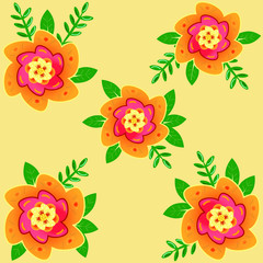 Orange flowers pattern with leafs. Vector illustration.