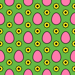Seamless Pattern with bright pink Easter eggs and yellows flowers. Vector illustration on green background. Great for celebration Easter designs, festive background, greeting cards, prints, packing.