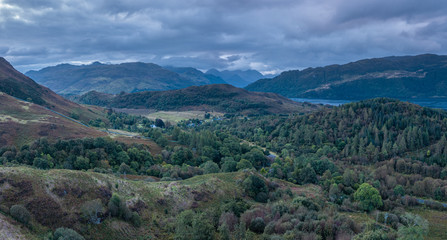 Aerial View over Scottish Highlands at Early Autumn