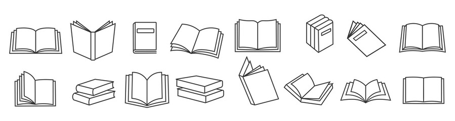 Book icons set in thin line style, isolated on white background, vector illustration.