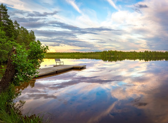 Beautiful calm summer night on the small lake in a finnish countryside