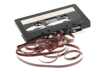 Black audio cassette with tape isolated on a white background