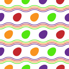 Seamless Pattern with bright easter eggs and wavy lines. Flat vector illustration on white background. Great for celebration Easter designs, festive background, greeting cards, prints, packing, etc.