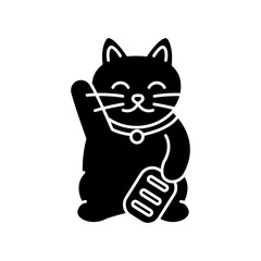 Maneki neko black glyph icon. Traditional japanese mascot to bring fortune. Oriental souvenir from Japan. Kitty talisman for luck. Silhouette symbol on white space. Vector isolated illustration