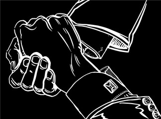 Vector handshake isolated on black, graphical engraved illustration for printing, design .