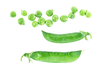Fresh green peas isolated on a white background, top view.