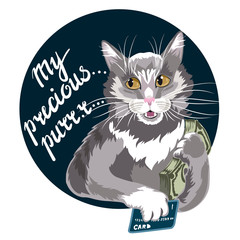 Business cat with money in his hands. Businessman animal character the concept of financial success. Handdrawn lettering.