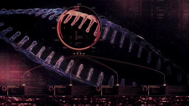 3D animation of an isolated floating double helix in an artificial intelligence HUD screengraphic. Conceptual DNA string protein scan in macro close-up view. Futuristic microbiology and bioengineering