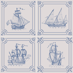 Old caravel. Ship on the Blue Dutch tile. Imitation. Frigate, vintage sailboat, Sailing vessel , glazed porcelain ceramic.