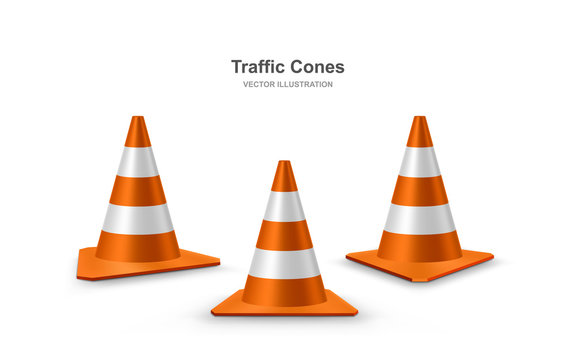 Traffic cones set. Red realistic road plastic cones with white striped. Vector illustration.