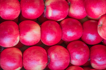 Multi-colored apples in a box. Selling crops on the market. Natural, healthy, vitamin-rich foods. Food for health. A variety of types of apples: yellow, red, green, variegated, with dots.
