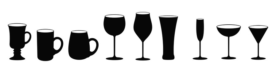 Set of vector glasses. Set of vector glasses for wine, martini, champagne and alcohol beverages