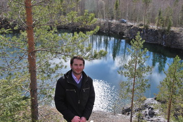 Man in Mountain park Ruskeala is tourist complex located in Sortavala region of Republic of Karelia...