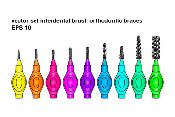 Set interdental brush orthodontic braces. Pipe-cleaner dental product personal oral hygiene home bathroom. Color vector isolated flat doodle realistic drawing with black outline white background icon