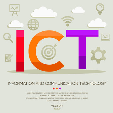 Ict mean (information and communication technology) ,letters and icons,Vector illustration.