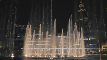 Dancing fountains in Dubai in the evening.